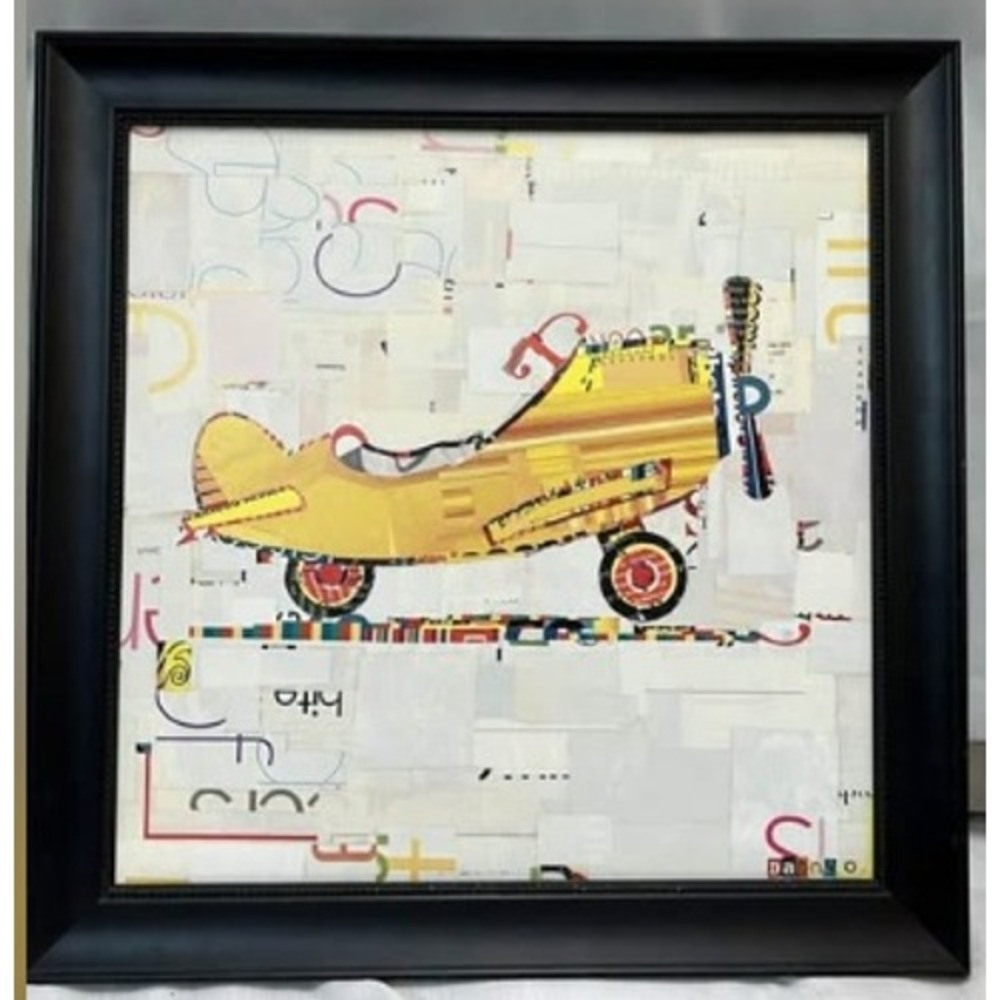 Vintage Unique Yellow Airplane Wall Art  Framed‎ 20x20 Deco Podge Boys Nursery